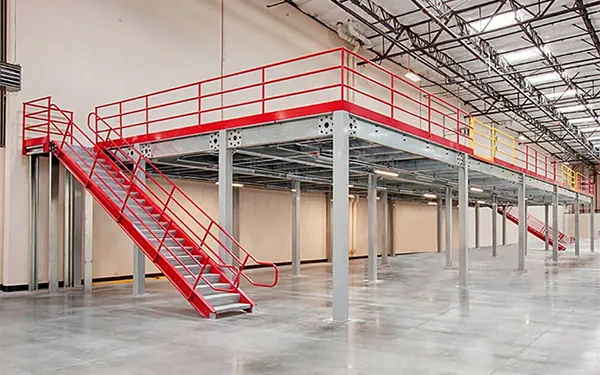 Mezzanine floor with staircase inside a warehouse