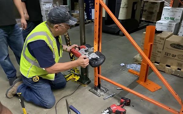 Technician repairing a damaged racking upright